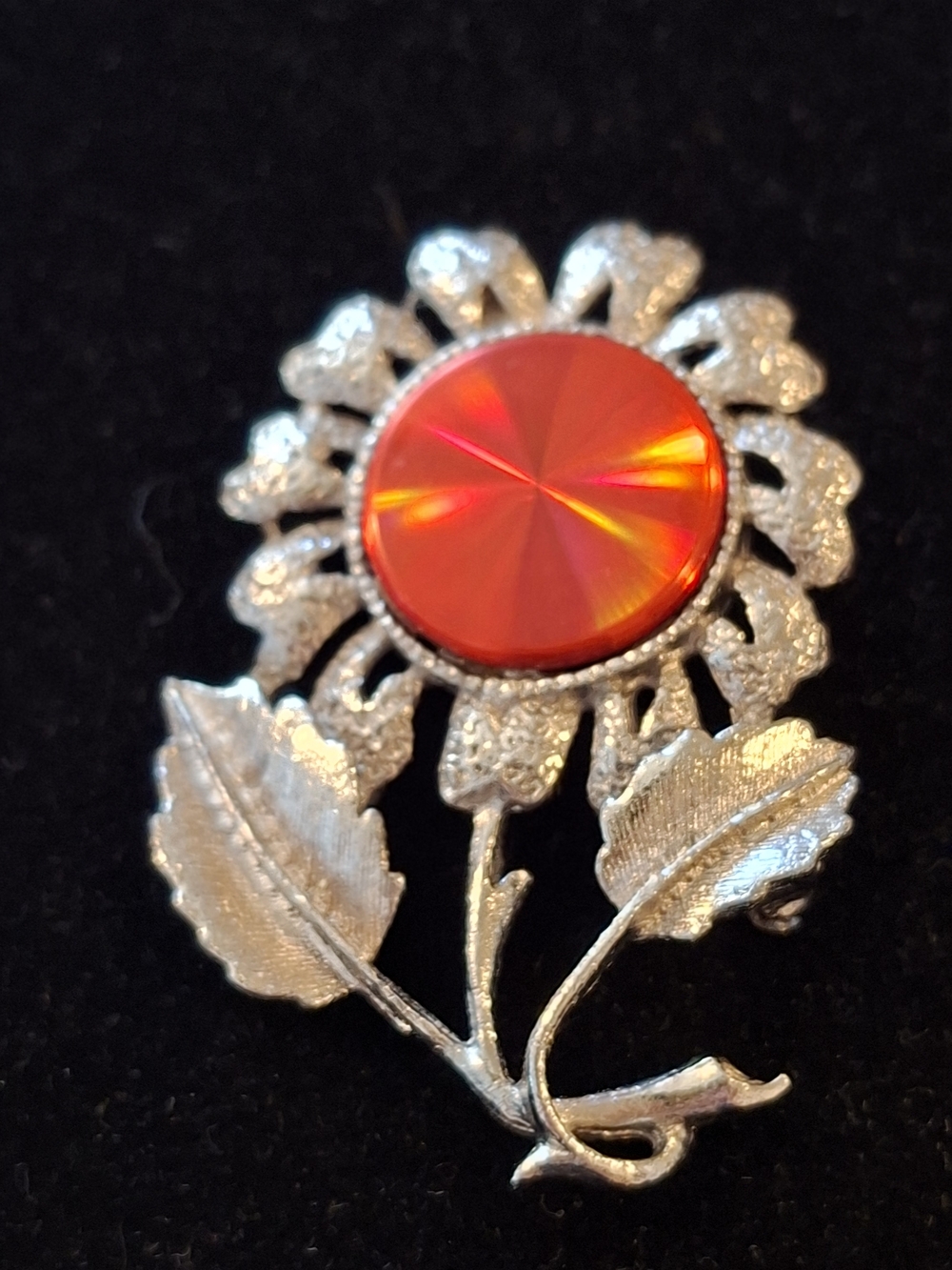 Vintage Jewelarama Silvertone Flower Brooch With Orange Textured Disc Center